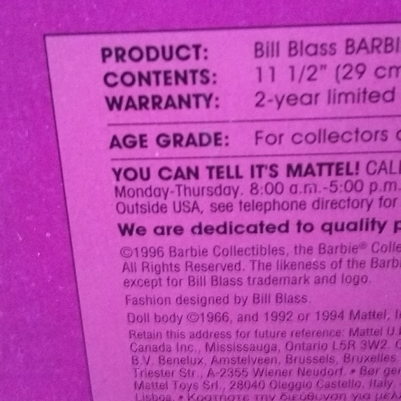 NIB Bill Blass Barbie 1996 Limited Edition - Picture 7 of 8